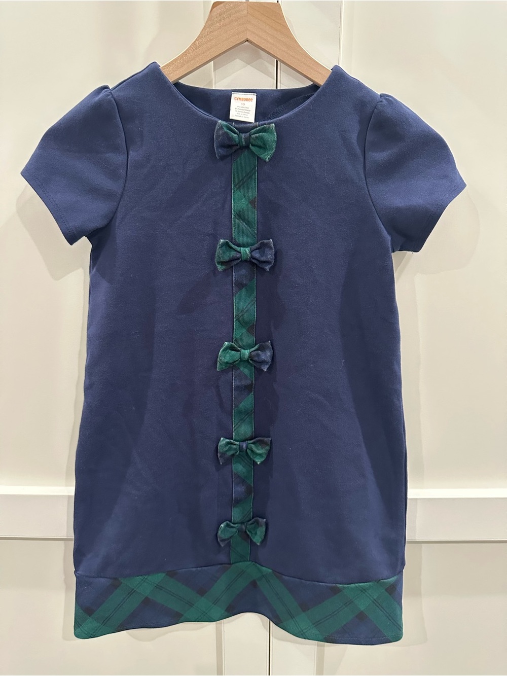 Gymboree Navy Dress with Green Tartan Trim and Bows - Picture day/back to school